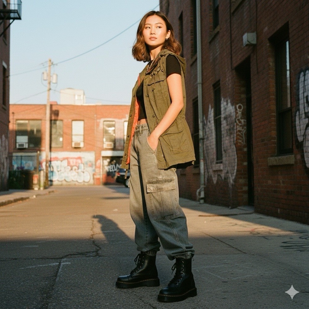 Love Tree Women's Military Utility Vest Olive Green Studded Hooded Gorpcore S